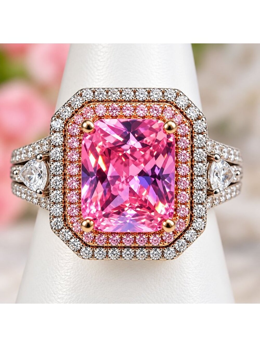925 Sterling Silver Pink Cushion Cut Halo Statement Ring Size 6 Cocktail Jewelry